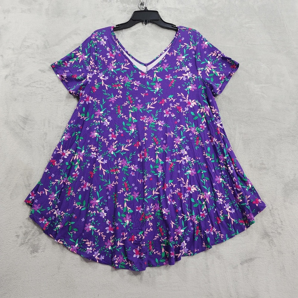 Roaman's Top Womens 18/20 Blue Purple Floral V-Neck Short Sleeve Tunic Flowy